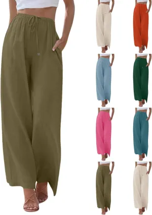 Wide Leg Linen Pants for Women Casual Summer Loose Fit Flowy Beach Pants with Pockets Elastic High Waisted Vacation Trousers