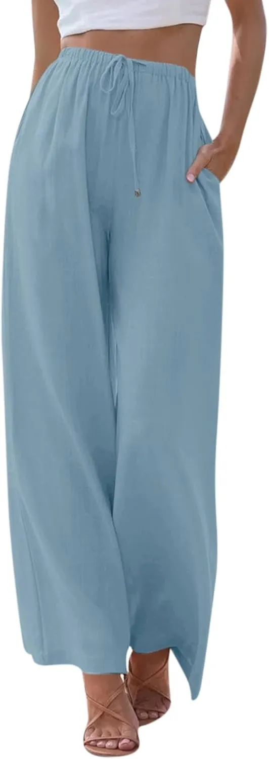 Wide Leg Linen Pants for Women Casual Summer Loose Fit Flowy Beach Pants with Pockets Elastic High Waisted Vacation Trousers