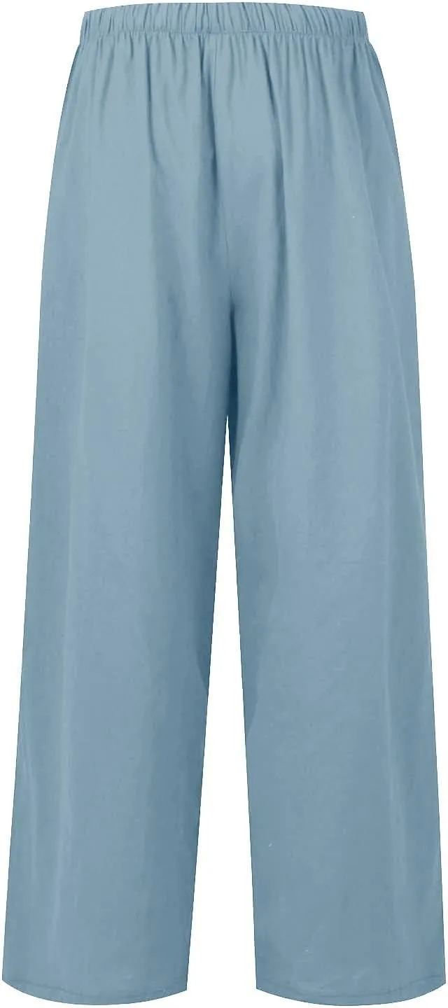 Wide Leg Linen Pants for Women Casual Summer Loose Fit Flowy Beach Pants with Pockets Elastic High Waisted Vacation Trousers
