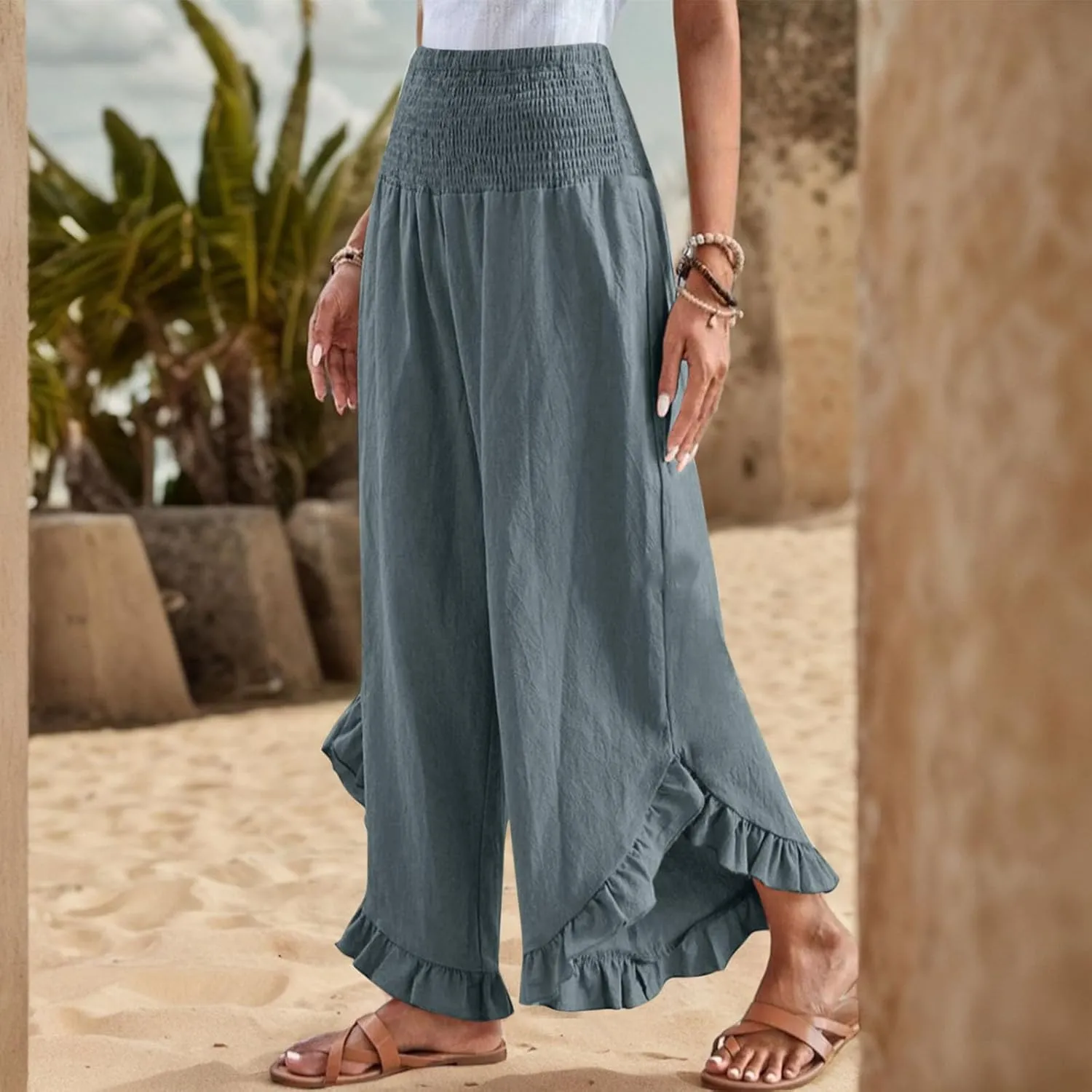 Wide Leg Linen Pants for Women Smocked Elastic Waist Ruffle Hem Holiday Beach Pants with Pockets Summer Palazzo Pants