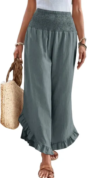 Wide Leg Linen Pants for Women Smocked Elastic Waist Ruffle Hem Holiday Beach Pants with Pockets Summer Palazzo Pants