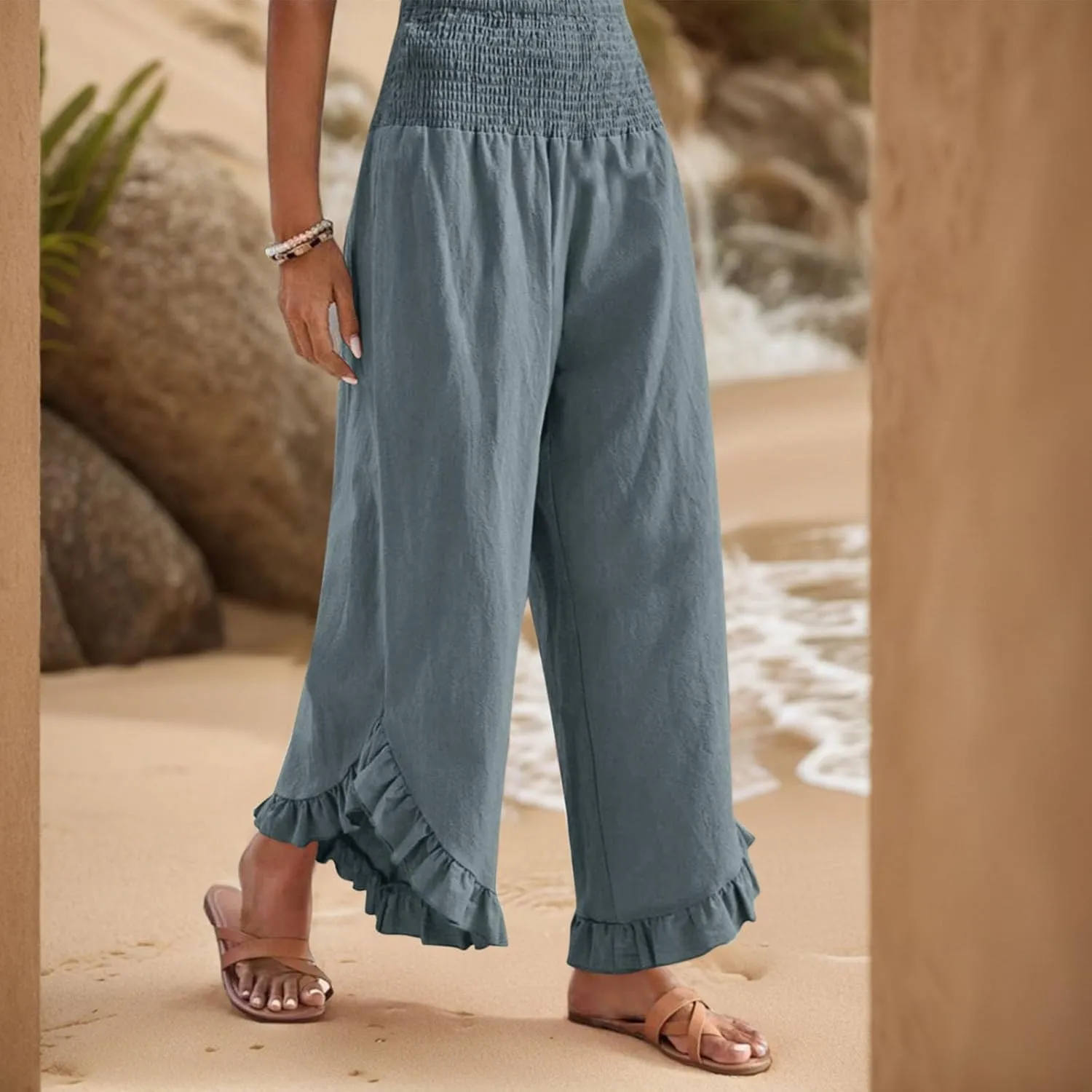 Wide Leg Linen Pants for Women Smocked Elastic Waist Ruffle Hem Holiday Beach Pants with Pockets Summer Palazzo Pants