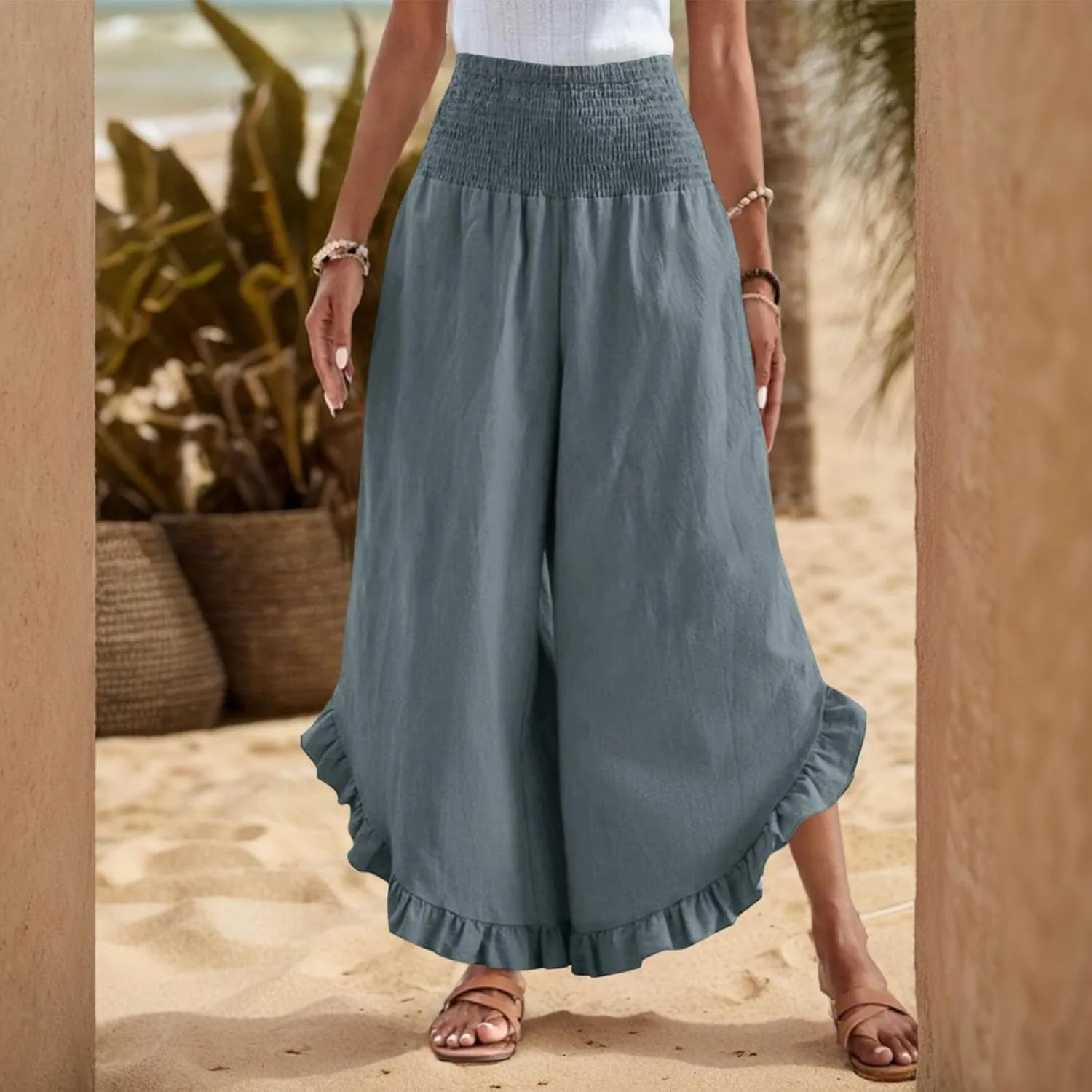 Wide Leg Linen Pants for Women Smocked Elastic Waist Ruffle Hem Holiday Beach Pants with Pockets Summer Palazzo Pants