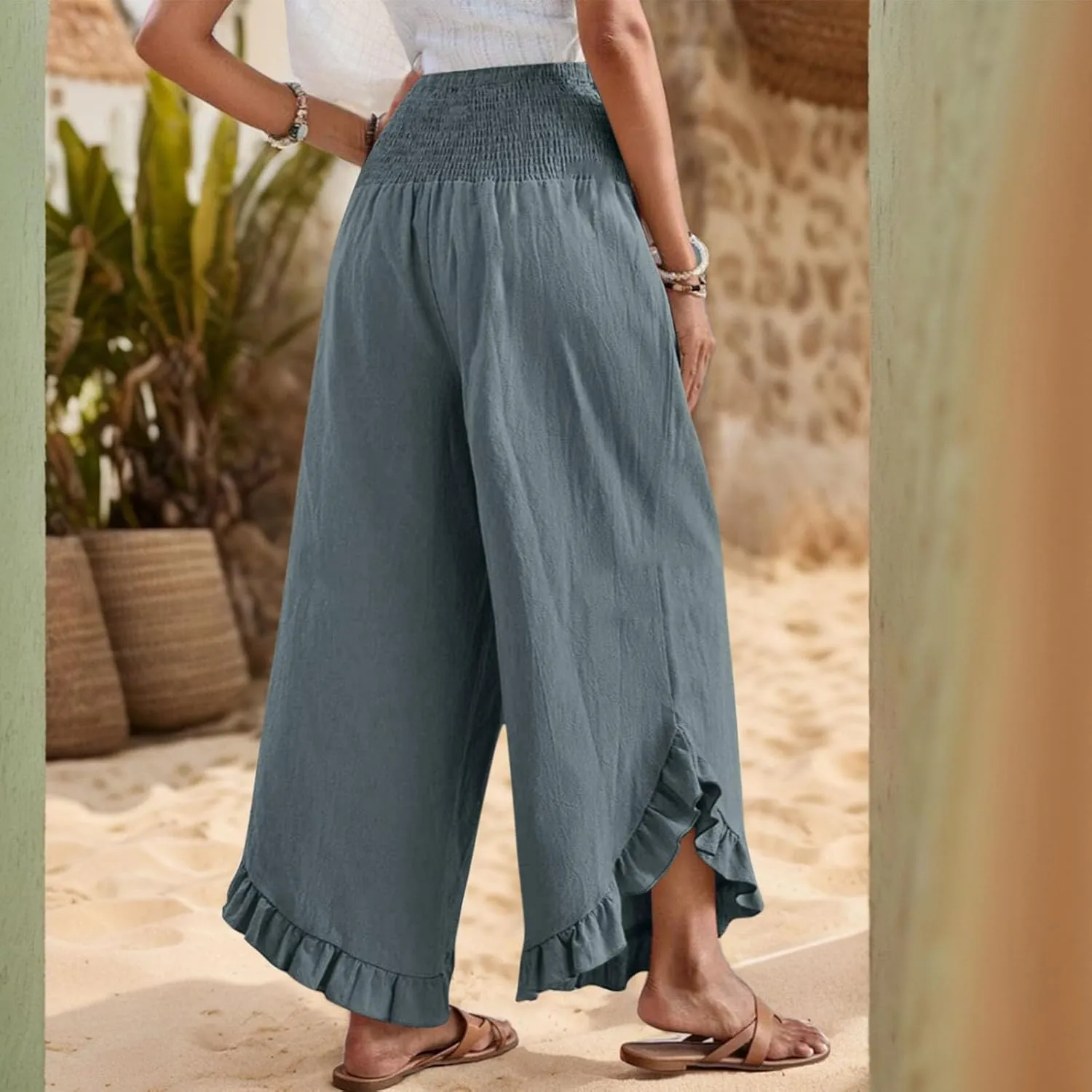 Wide Leg Linen Pants for Women Smocked Elastic Waist Ruffle Hem Holiday Beach Pants with Pockets Summer Palazzo Pants