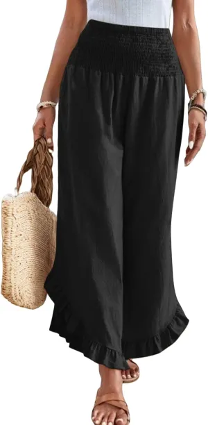 Wide Leg Linen Pants Women Boho High Waisted Ruffle Palazzo Pants Flowy Summer Resort Wear Vacation Beach Trousers