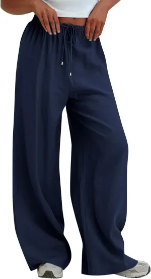 Wide Leg Palazzo Pants for Women Drawstring High Waisted Linen Pants 2025 Trendy Baggy Lounge Long Trousers w/Pockets