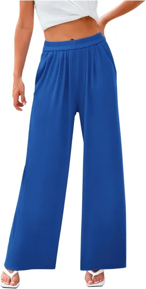 Wide Leg Pants for Women Casual Elastic High Waist Trousers Solid Comfy Lounge Slacks Summer Beach Vacation Clothes