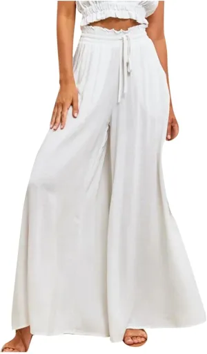 Wide Leg Pants Woman Casual High Waist Drawstring Pants Summer Baggy Flowy Chiffon Palazzo Pant Lounge Beach Trousers