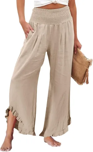 Wide Leg Pants Woman Elastic Waist High Waisted Smocked Linen Pants with Pockets Flowy Casual Summer Womens Trousers