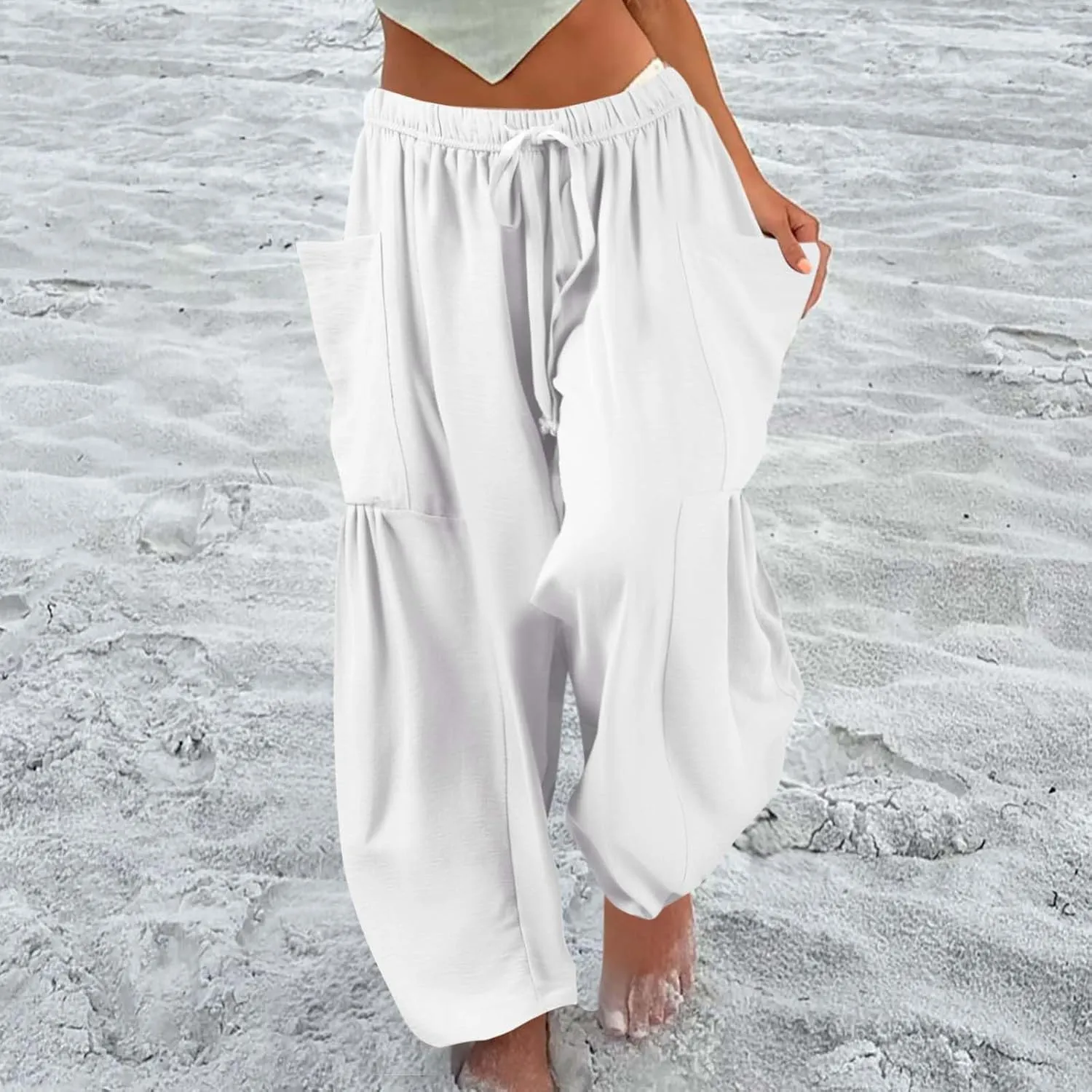 Wide Leg Pants Woman High Waisted Drawstring Boho Pants Summer Lightweight Beach Palazzo Harem Trousers with Pockets