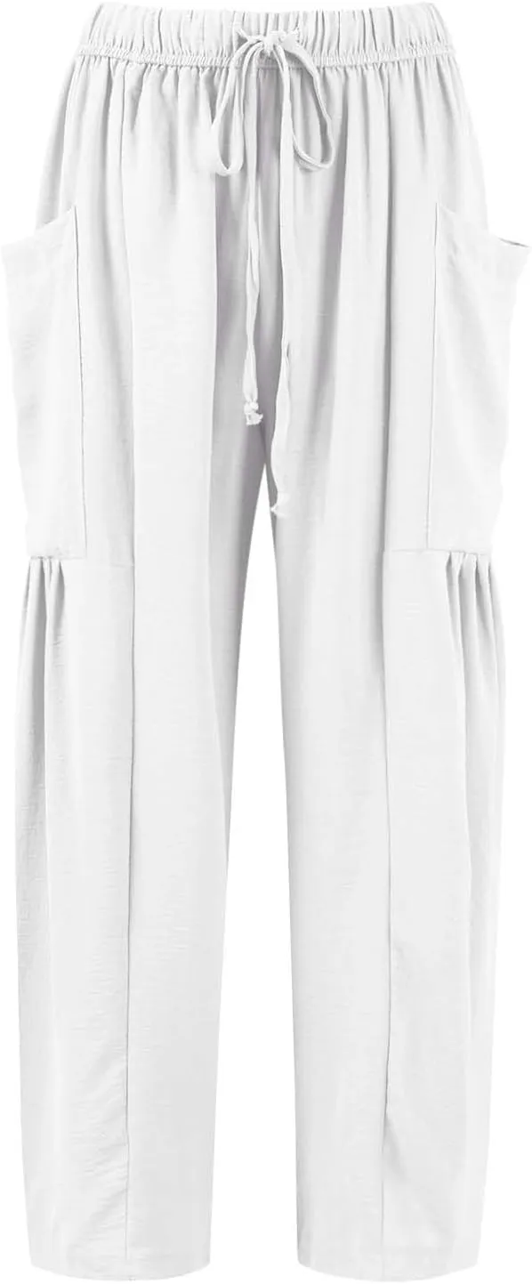 Wide Leg Pants Woman High Waisted Drawstring Boho Pants Summer Lightweight Beach Palazzo Harem Trousers with Pockets