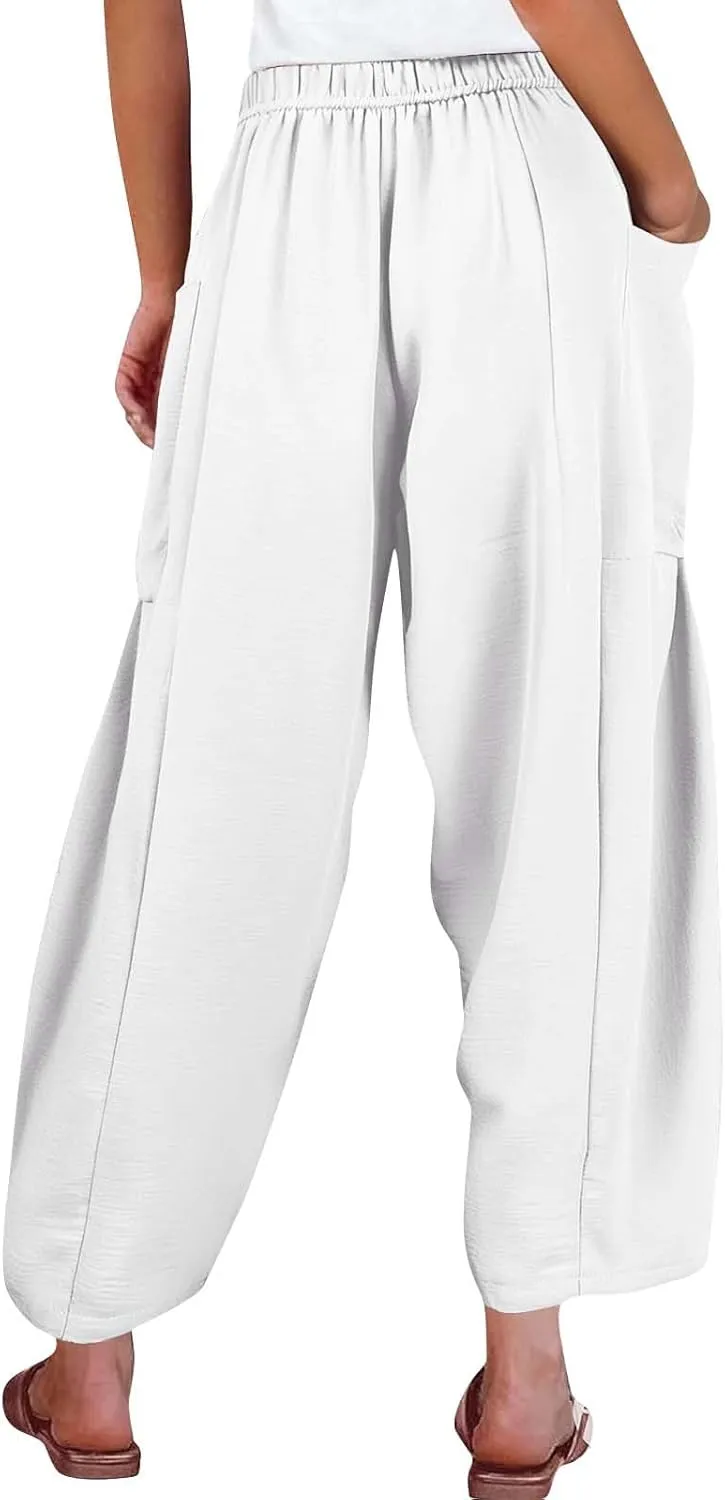 Wide Leg Pants Woman High Waisted Drawstring Boho Pants Summer Lightweight Beach Palazzo Harem Trousers with Pockets