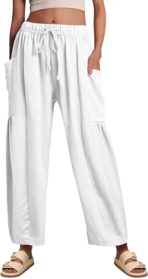 Wide Leg Pants Woman High Waisted Drawstring Boho Pants Summer Lightweight Beach Palazzo Harem Trousers with Pockets