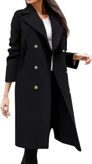 Winter Coats for Women Elegant Essential Notched Collar Mid-Long Woolen Pea Coat Trendy Casual Outwear Trench Coat
