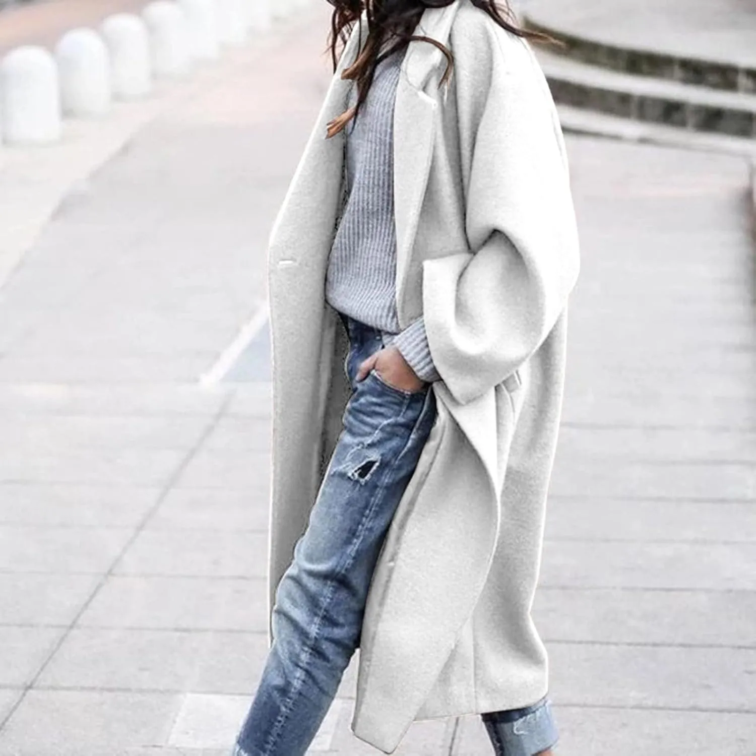 Winter Coats for Women Elegant Essential Notched Collar Mid-Long Woolen Pea Coat Trendy Casual Outwear Trench Coat