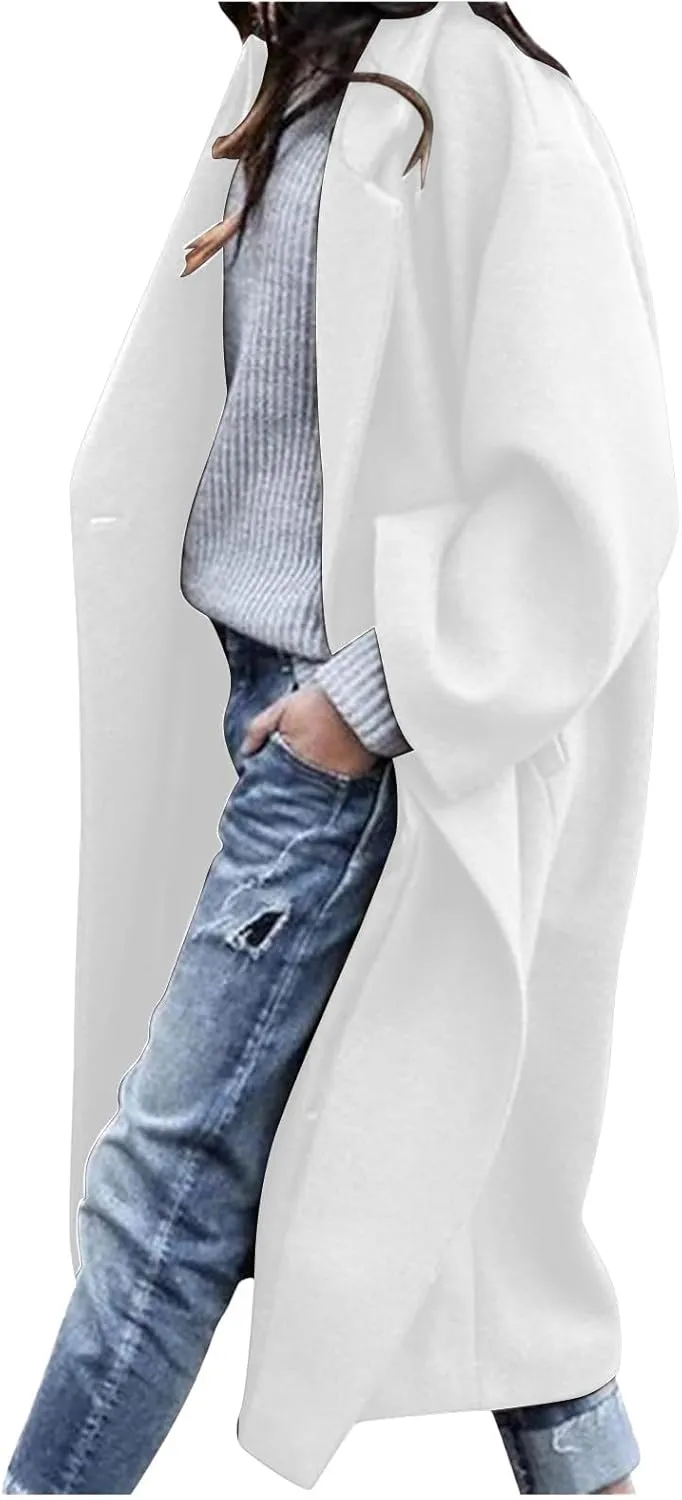 Winter Coats for Women Elegant Essential Notched Collar Mid-Long Woolen Pea Coat Trendy Casual Outwear Trench Coat