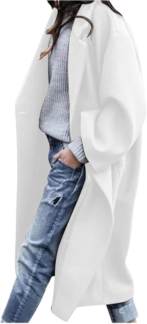 Winter Coats for Women Elegant Essential Notched Collar Mid-Long Woolen Pea Coat Trendy Casual Outwear Trench Coat