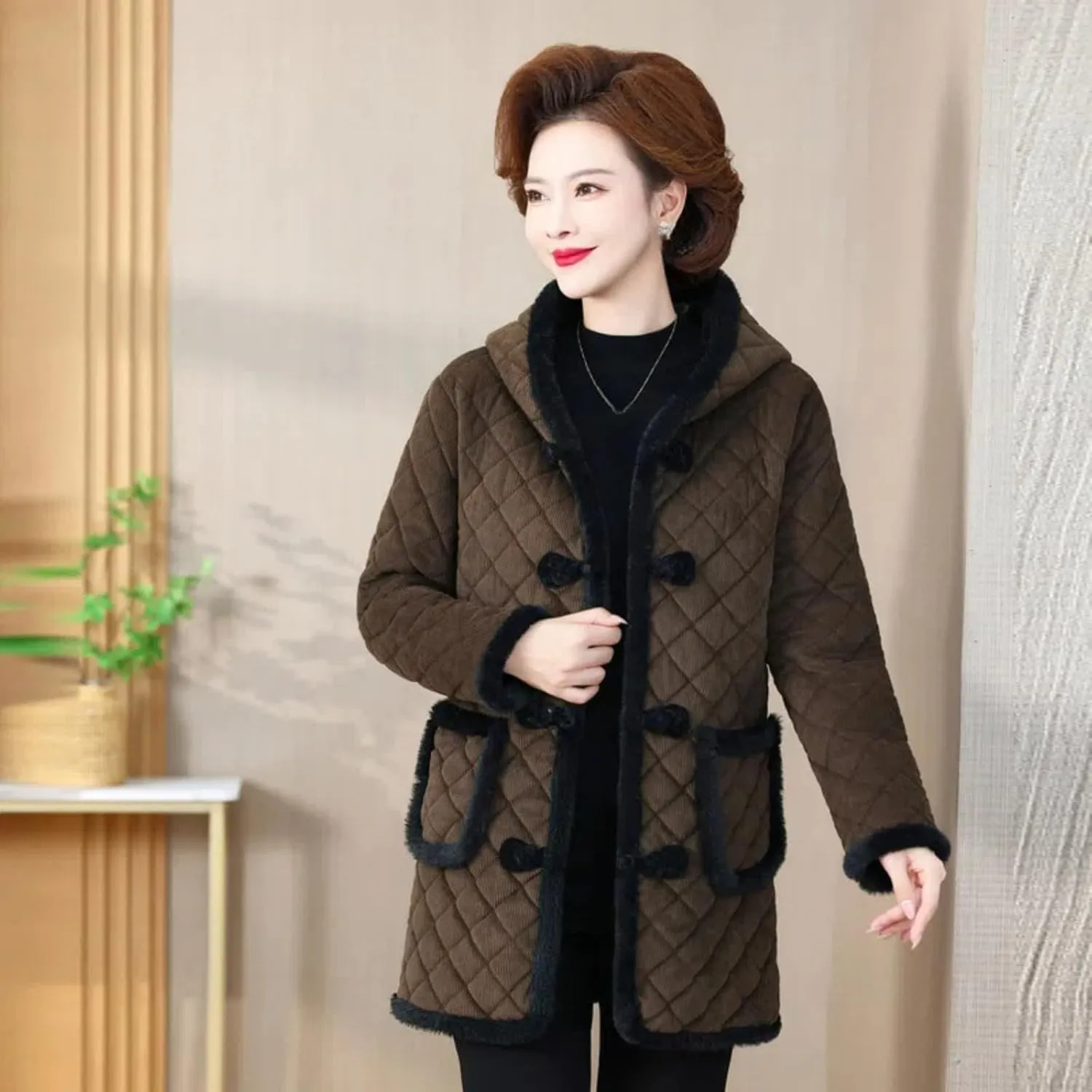 Winter Cotton Jacket for Women, Fleece-Lined Warm Cotton Padded Coat