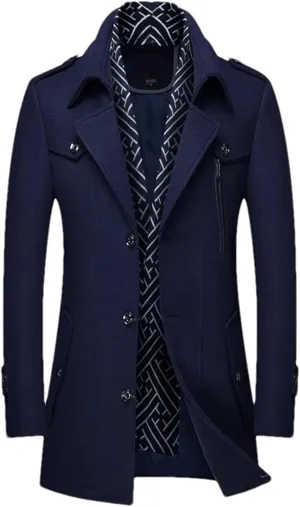 Winter Men Wool Coats Middle Long Scarf Collar Cotton-Padded Thick Warm Woolen Coat Male Trench Coat Overcoat
