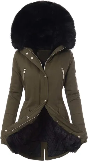 Wkishenl Winter Coats for Women 2024 Trendy Thicken Fleece Lined Parkas Anoraks Jacket Mid Length Outwear with Faux Fur Hood