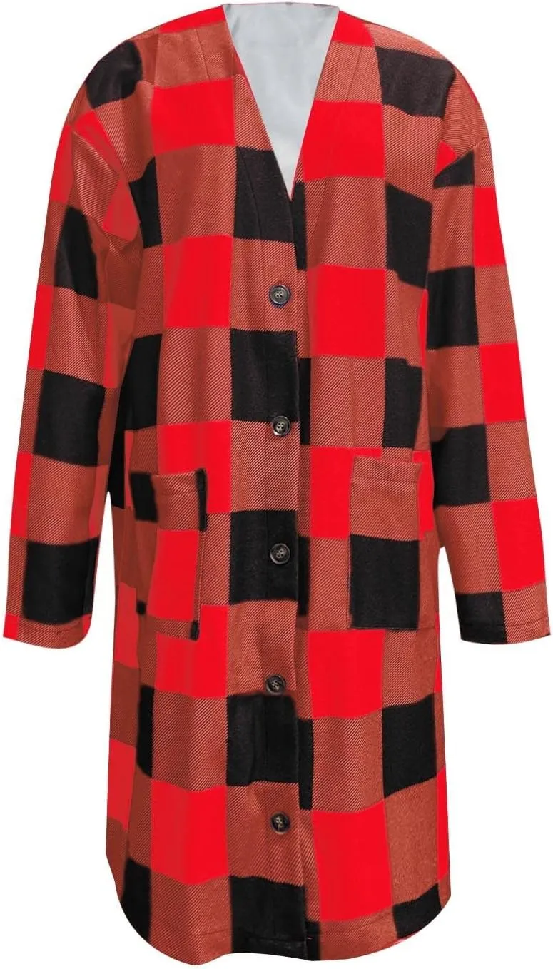 Wkishenl Womens Plaid Shacket Jacket Color Block Long Shirts Casual Long Sleeve Button Down Flannel Trench Coat with Pockets