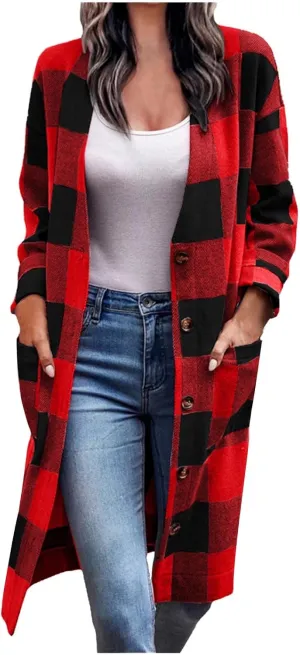 Wkishenl Womens Plaid Shacket Jacket Color Block Long Shirts Casual Long Sleeve Button Down Flannel Trench Coat with Pockets