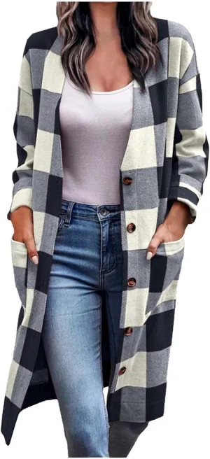 Wkishenl Womens Plaid Shacket Jacket Color Block Long Shirts Casual Long Sleeve Button Down Flannel Trench Coat with Pockets