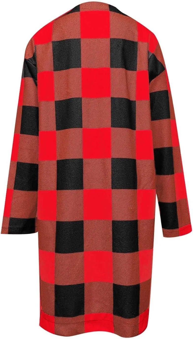 Wkishenl Womens Plaid Shacket Jacket Color Block Long Shirts Casual Long Sleeve Button Down Flannel Trench Coat with Pockets