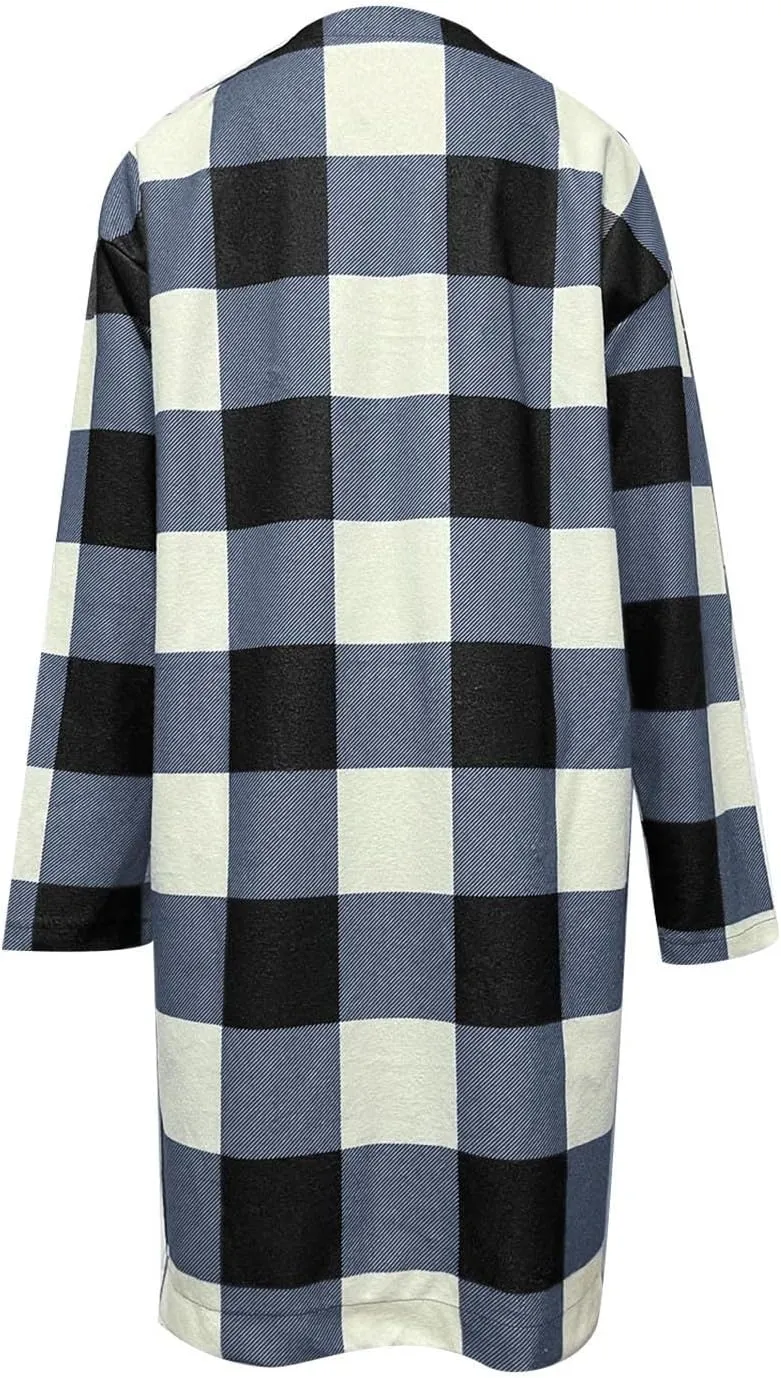 Wkishenl Womens Plaid Shacket Jacket Color Block Long Shirts Casual Long Sleeve Button Down Flannel Trench Coat with Pockets