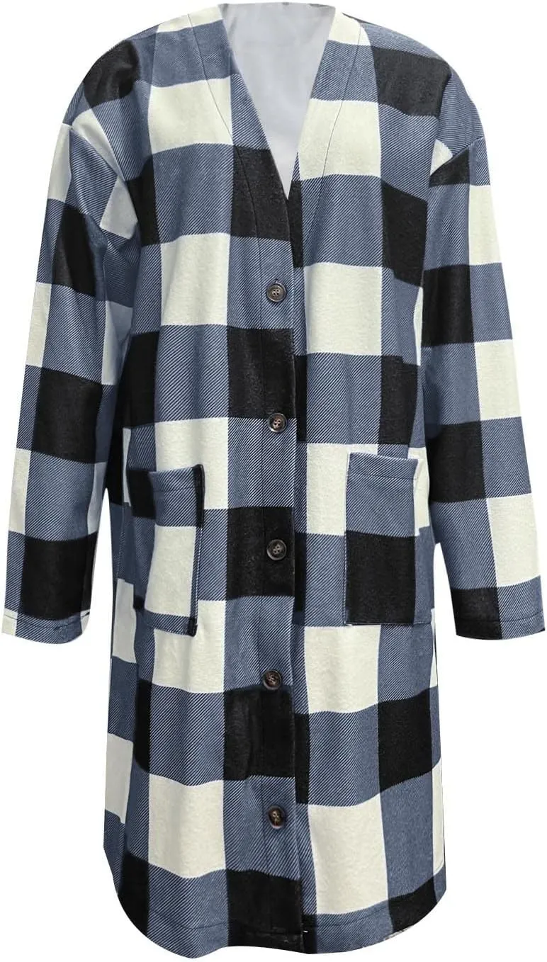 Wkishenl Womens Plaid Shacket Jacket Color Block Long Shirts Casual Long Sleeve Button Down Flannel Trench Coat with Pockets