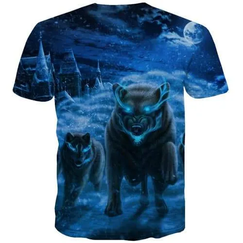 Wolf T shirts Men War T shirts Funny Animal T-shirts 3d Blue Flame T-shirts Graphic Forest Tshirt Anime Short Sleeve Fashion
