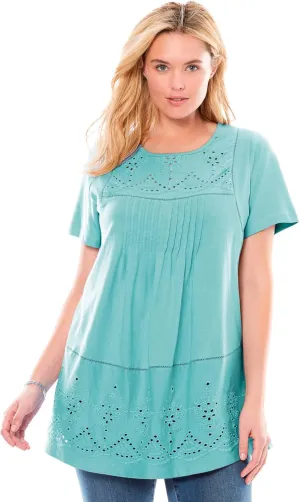 Woman Within Plus Size Embroidered Eyelet Pintucked Tunic