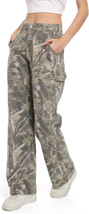 Women Camouflage Cargo Pants Straight Wide Leg Trousers Jeans with Pockets
