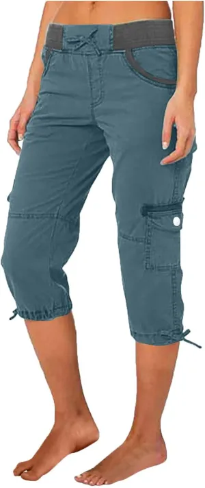 Women Cargo Capris Pants Wide Leg Casual Palazzo Pants Loose Lounge Beach Summer Cropped Trouser Shorts with Pockets