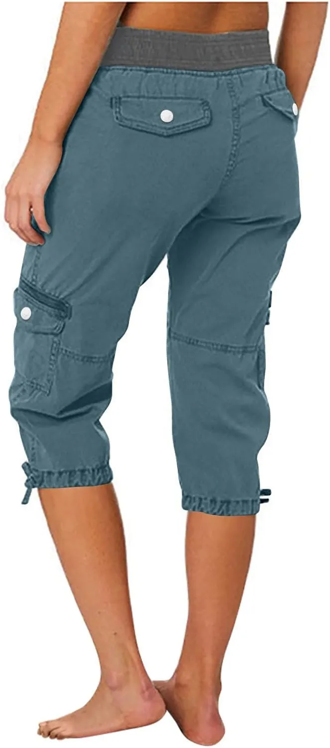 Women Cargo Capris Pants Wide Leg Casual Palazzo Pants Loose Lounge Beach Summer Cropped Trouser Shorts with Pockets