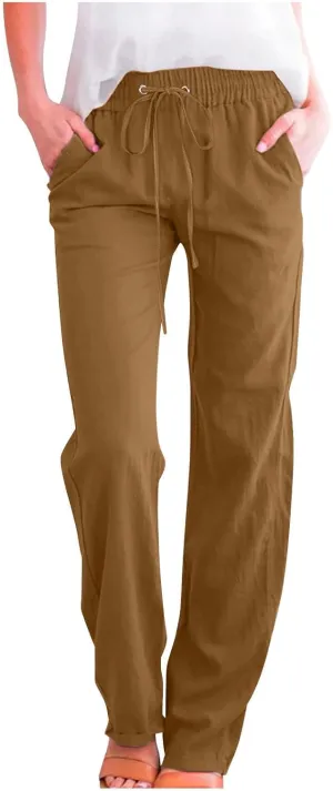 Women Casual Linen Pants Lightweight Drawstring Elastic Waist Spring Summer Beach Slacks Trendy Comfy Trousers Clothes