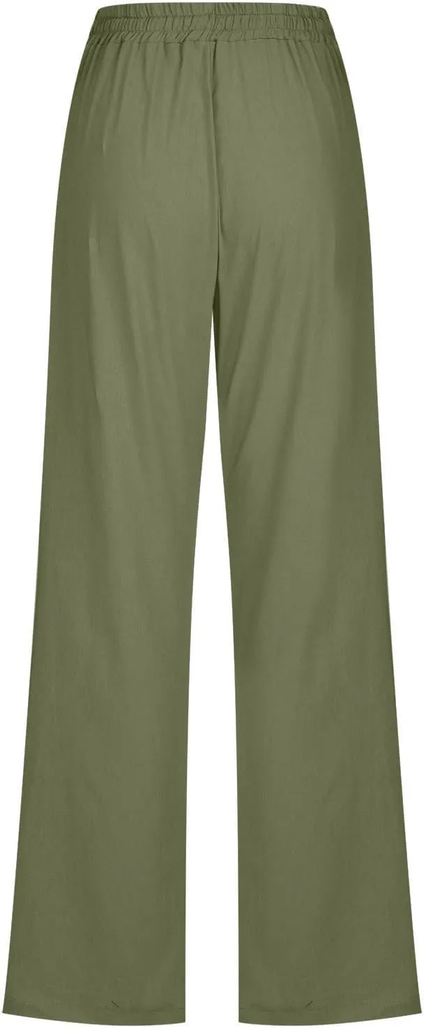 Women Casual Linen Pants Lightweight Drawstring Elastic Waist Spring Summer Beach Slacks Trendy Comfy Trousers Clothes