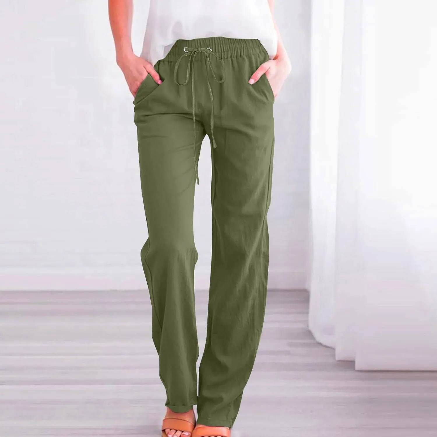 Women Casual Linen Pants Lightweight Drawstring Elastic Waist Spring Summer Beach Slacks Trendy Comfy Trousers Clothes