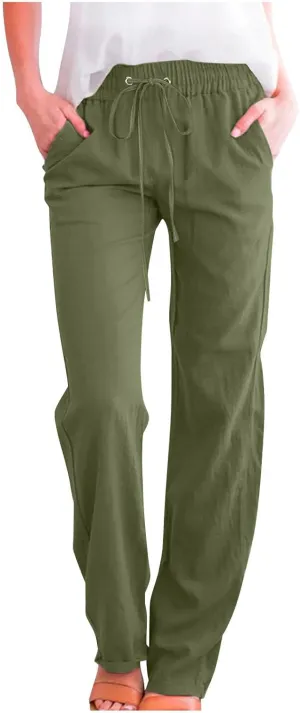 Women Casual Linen Pants Lightweight Drawstring Elastic Waist Spring Summer Beach Slacks Trendy Comfy Trousers Clothes