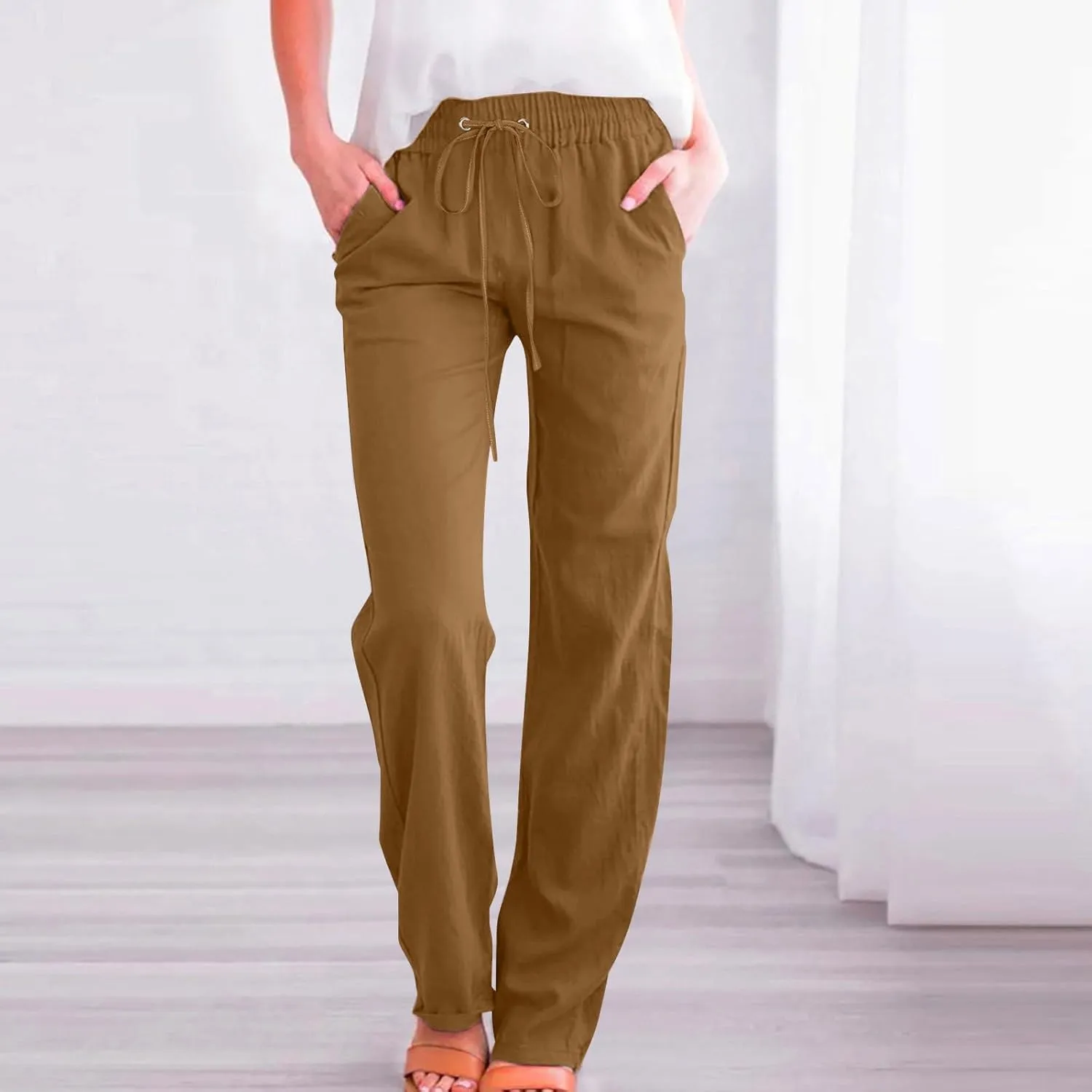Women Casual Linen Pants Lightweight Drawstring Elastic Waist Spring Summer Beach Slacks Trendy Comfy Trousers Clothes