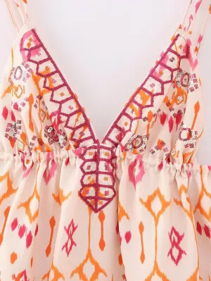 Women Coquette Spaghetti Strap Top Shirts Sexy V Neck Floral Print Summer Casual Tank Tops Beads Embroidered Flowy Top