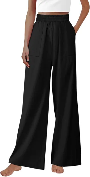 Women Cotton Linen High Elastic Waist Casual Pants, Summer Loose Wide Leg Trousers Comfy Breathable Clothes with Pockets