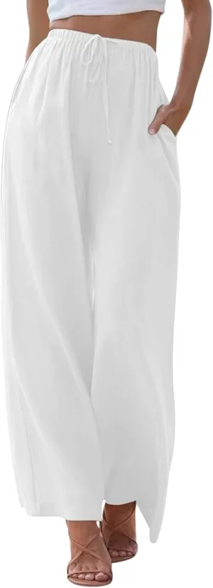 Women Cotton Linen Palazzo Pants 2025 Summer Casual Flowy Wide Leg Boho Beach Vacation Gauze Trousers with Pockets
