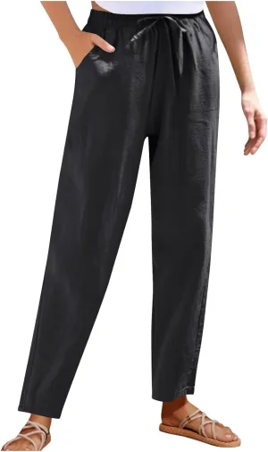 Women Cotton Linen Straight Leg Pants Elastic Drawstring Casual Jogger Trousers with Pockets Summer Beach Lounge Pants