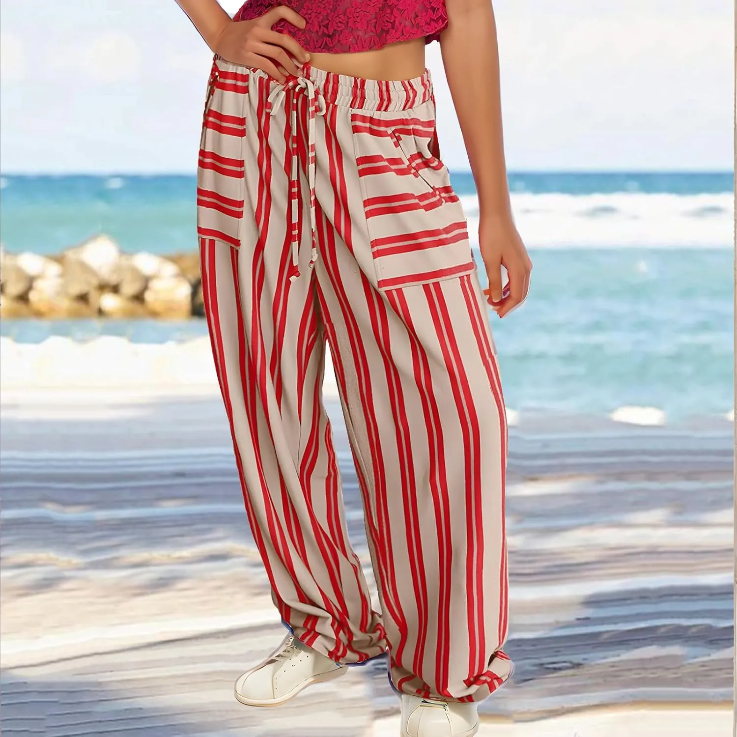 Women Drawstring Stripe Wide Leg Trousers Low Rise Casual Loose Lounge Pants with Pockets, Large, 02-blue