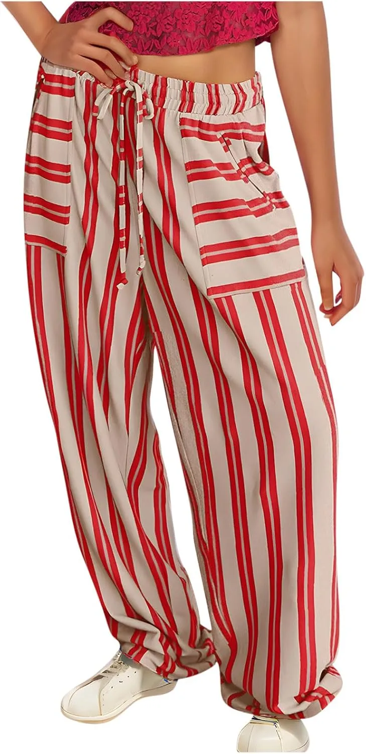 Women Drawstring Stripe Wide Leg Trousers Low Rise Casual Loose Lounge Pants with Pockets, Large, 02-blue