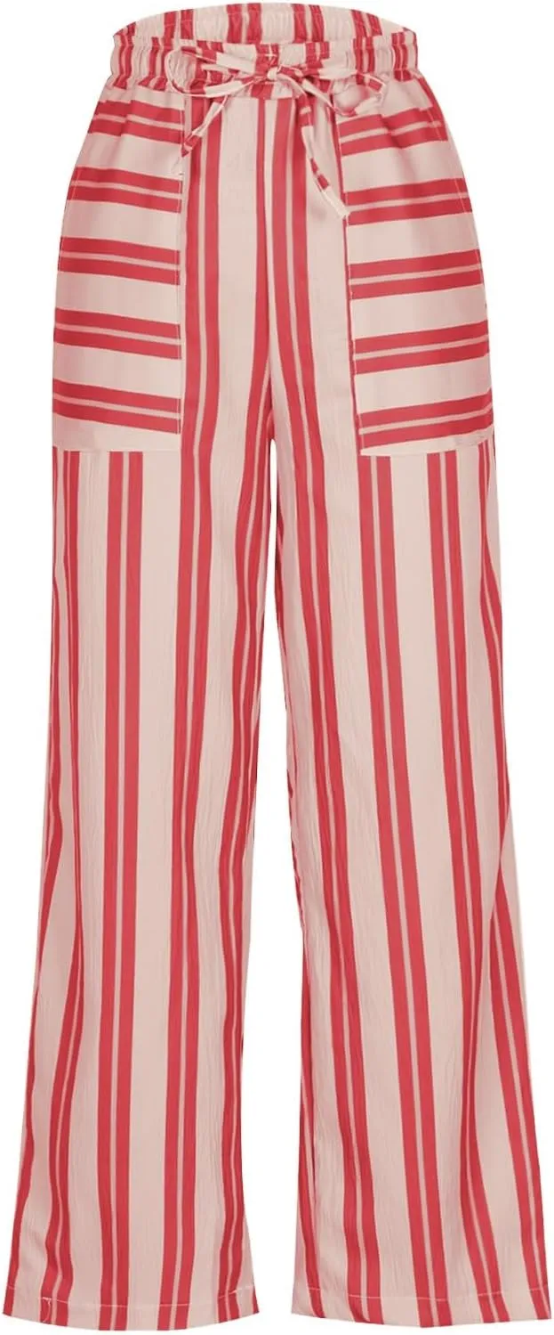 Women Drawstring Stripe Wide Leg Trousers Low Rise Casual Loose Lounge Pants with Pockets, Large, 02-blue