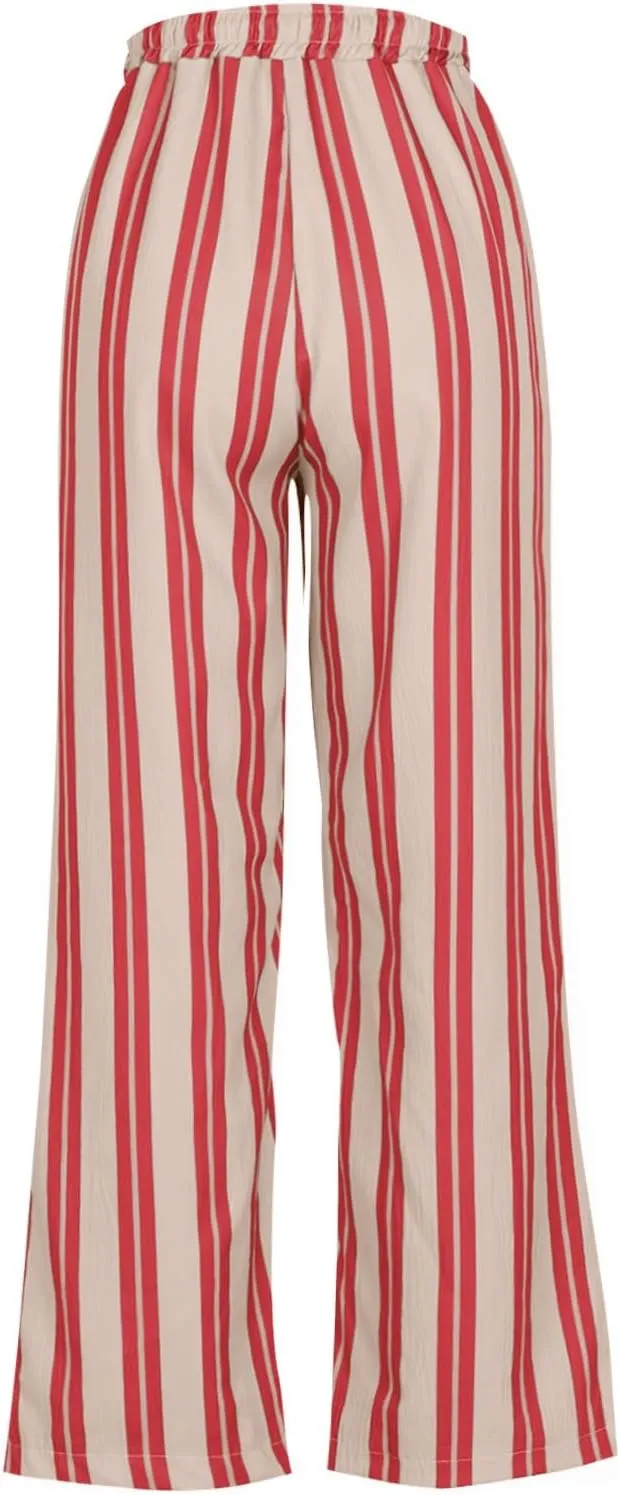 Women Drawstring Stripe Wide Leg Trousers Low Rise Casual Loose Lounge Pants with Pockets, Large, 02-blue