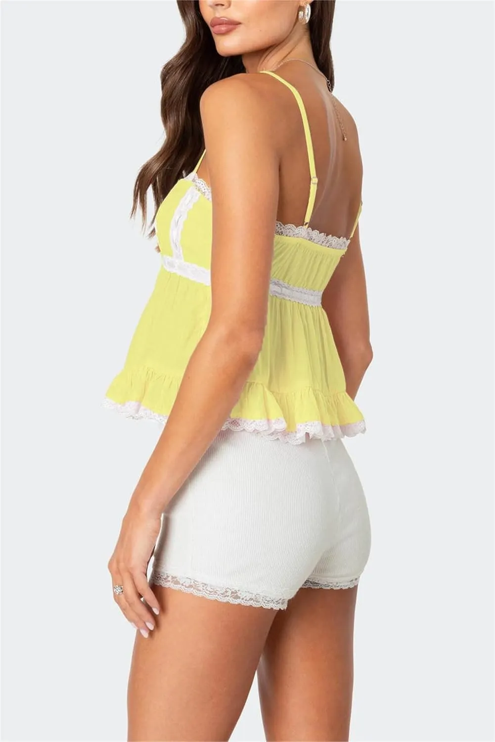 Women Fairy Lace Babydoll Top Y2K Lace Trim Spaghetti Strap Peplum Tank Top Slim Fit Backless Going Out Camisole