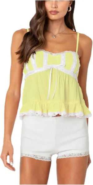 Women Fairy Lace Babydoll Top Y2K Lace Trim Spaghetti Strap Peplum Tank Top Slim Fit Backless Going Out Camisole